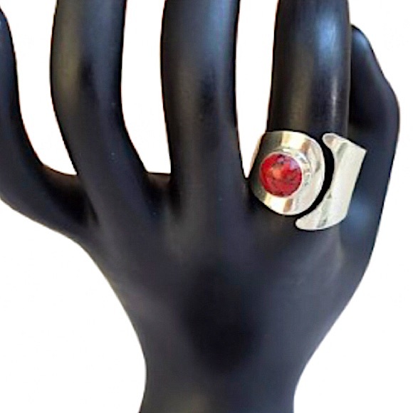 TAXCO Sterling Silver Red Jasper Cabochon Inlay Split Shank Band Sz 9 - Picture 10 of 10